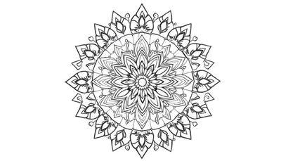 Mandala complexe en noir et blanc avec des motifs floraux et géométriques, prêt à être colorié.