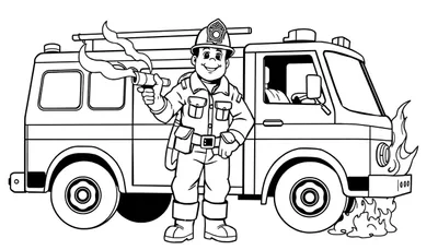 Un pompier souriant avec une lance à incendie devant un camion de pompiers, prêt pour un coloriage.