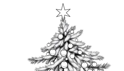 Dessin au trait d'un sapin de Noël décoré, avec une étoile au sommet et des boules sur les branches. Parfait pour un color panel.