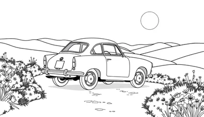 Dessin au trait d'une voiture de sport classique rouge sur un chemin de campagne, pour un color panel.
