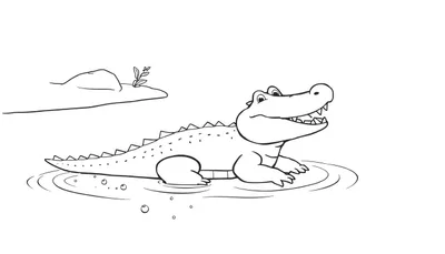 Un dessin au trait d'un alligator souriant dans l'eau, entouré de bulles et de vagues.