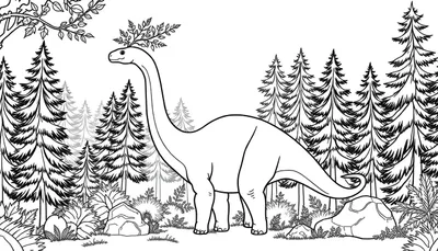 Un dessin au trait d'un dinosaure herbivore à long cou dans une forêt de conifères, prêt à être coloré.