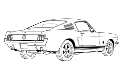Dessin au trait noir et blanc d'une Ford Mustang classique vue de trois quarts arrière, avec un panneau de couleur pour l'ajout.