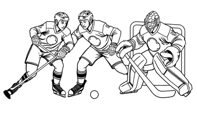 Page de coloriage de hockey sur glace avec des joueurs et un gardien de but en action.