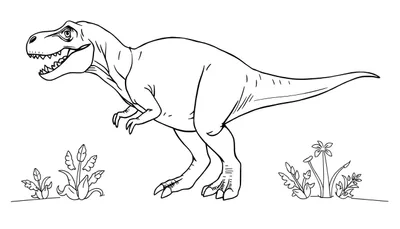 Un dessin au trait noir et blanc d'un Tyrannosaure Rex se tenant au milieu de plantes, prêt à être colorisé dans un color panel.