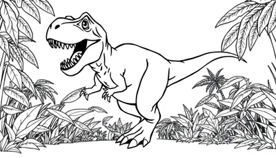 Dessin au trait d'un Tyrannosaure Rex dans une jungle luxuriante, prêt à être coloré.