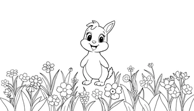 Lapin dans un champ de fleurs, prêt à être colorié.