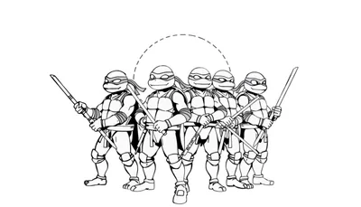 Dessin des Tortues Ninja adolescentes en noir et blanc, prêts au combat, avec un cercle en pointillé au-dessus de leurs têtes. Ce color panel est idéal pour un coloriage.