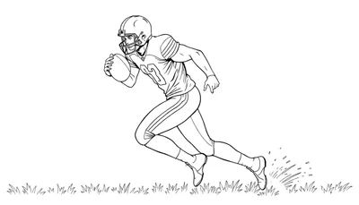 Dessin en noir et blanc d'un joueur de football américain courant avec le ballon, éclaboussant de la boue.