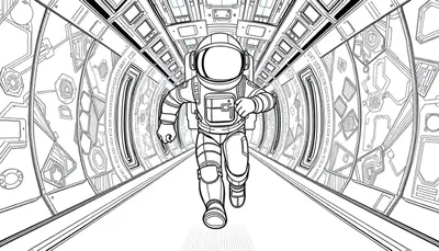 Astronaute Among Us courant dans un couloir futuriste avec des panneaux de couleur.