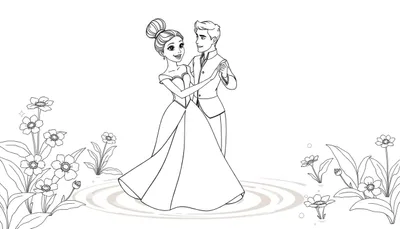 Dessin en noir et blanc d'une princesse et d'un prince dansant sur l'eau, entourés de fleurs, parfait pour un color panel.