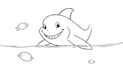 Un dessin au trait d'un dauphin souriant nageant avec de petits poissons.