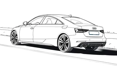 Une voiture Audi dessinée en noir et blanc vue de trois quarts arrière, sur une route, prête pour le color panel.