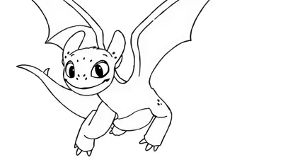 Dessin au trait d'un dragon de dessin animé souriant avec des ailes repliées.