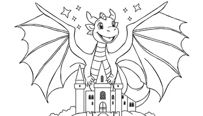Dessin au trait d'un dragon souriant avec des ailes déployées planant au-dessus d'un château, style page à colorier.
