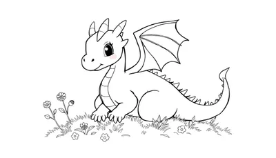 Dragon color panel joyeux assis dans l'herbe avec des fleurs.