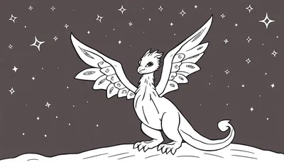 Dessin au trait d'un dragon blanc avec de petites ailes sur un fond étoilé, parfait pour un panneau de coloriage.