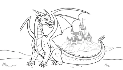 Dessin au trait d'un dragon assis devant un château sur une colline, prêt à être coloré avec un color panel.