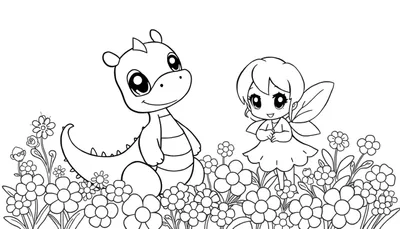 Dessin au trait d'un petit dragon et d'une fée dans un jardin, parfait pour un color panel.