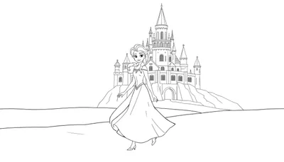 Un dessin au trait d'Elsa marchant devant son château de glace, style livre de coloriage.