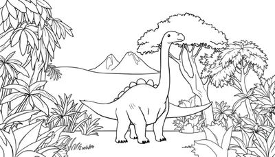 Un dessin au trait d'un dinosaure au long cou dans une forêt jurassique.