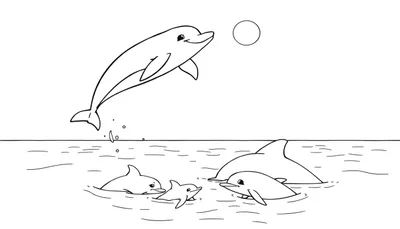 Un dessin au trait d'un dauphin sautant hors de l'eau avec un cercle au-dessus, et quatre autres dauphins dans l'eau, le tout dans un color panel noir et blanc.