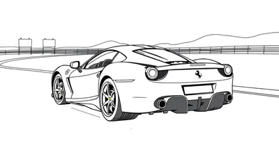 Dessin au trait d'une voiture de course Ferrari rouge, vue de l'arrière sur une piste avec des panneaux publicitaires et des montagnes en arrière-plan.