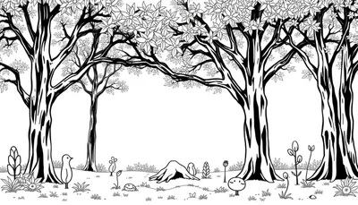 Illustration en noir et blanc d'une forêt avec des arbres, une souche, des fleurs et des personnages de style dessin animé.