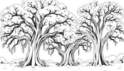 Illustration en noir et blanc d'une forêt d'arbres aux troncs épais et aux branches sinueuses, avec des fruits allongés.