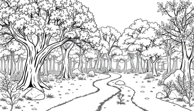 Un chemin de forêt en noir et blanc avec des arbres denses et de l'herbe.