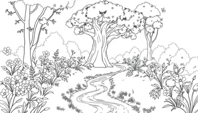 Un dessin au trait d'une forêt avec des fleurs, un ruisseau et un grand arbre, parfait pour un coloriage.