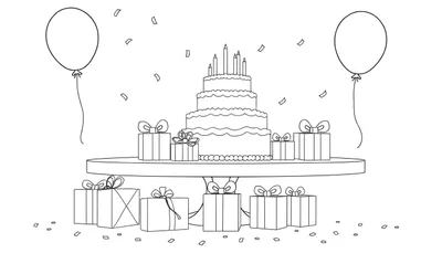 Dessin en noir et blanc d'une scène de fête avec un gâteau à étages, des cadeaux et des ballons, prêt pour un color panel.