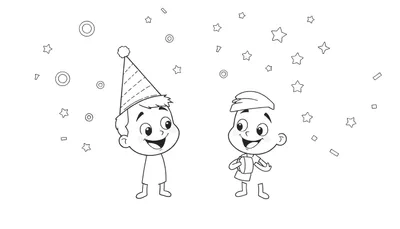 Deux enfants souriants en tenue de fête, entourés d'étoiles et de formes géométriques dans un style dessin animé en noir et blanc, parfait pour un color panel.