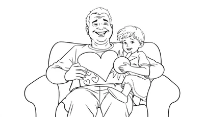 Un grand-père et son petit-enfant se font un câlin dans un fauteuil. Le grand-père tient un cœur en papier et l'enfant un jouet en forme de soleil. Le color panel est prêt à être coloré.