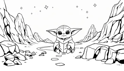 Grogu, le bébé de la Force, assis sur un terrain désertique avec des montagnes en arrière-plan, prêt à être colorié.