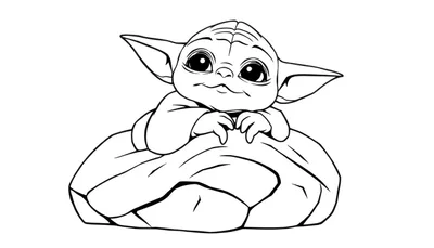 Un dessin au trait de Grogu, assis sur un rocher, prêt pour le color panel.
