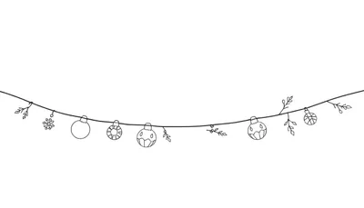 Une guirlande de Noël dessinée au trait avec des boules, un flocon et des branches de sapin sur fond blanc.