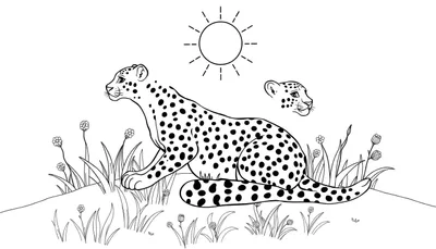 Un guépard couché dans l'herbe avec un petit guépard à côté, sous un soleil rayonnant.