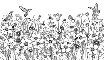 Dessin au trait d'un champ de fleurs sauvages avec des oiseaux et un papillon, prêt à être colorisé.