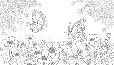 Une page de coloriage en noir et blanc avec des fleurs et des papillons, un color panel.