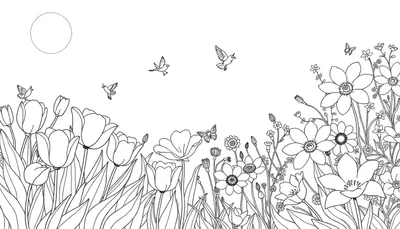 Un paysage de fleurs en noir et blanc avec un soleil ou une lune, des oiseaux et un papillon sur une fleur.