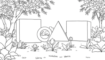 Page de coloriage de jardin avec des tulipes et des formes géométriques.