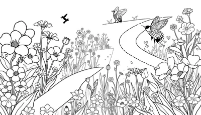 Dessin au trait d'un jardin coloré avec des fleurs et des papillons.