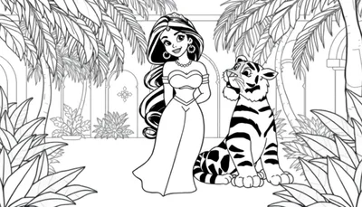Princesse Jasmine et Rajah dans un jardin, prêt à être colorisé.