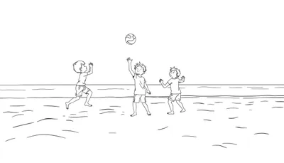 Dessin au trait d'enfants jouant au ballon sur une plage ensoleillée.