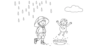 Un enfant souriant sous un parapluie coloré et un autre enfant sautant dans une flaque d'eau.