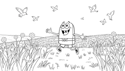 Personnage en pilule joyeux sautant dans un champ de fleurs, style color panel.