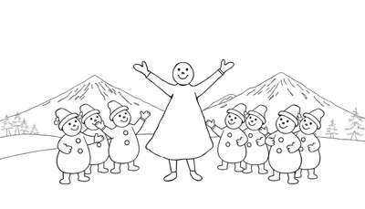Un dessin de Noël montrant une grande figure humaine accueillante entourée de petits bonhommes de neige joyeux devant un paysage de montagnes et d'arbres enneigés.