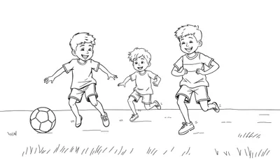 Trois garçons jouant au football dans un color panel noir et blanc.