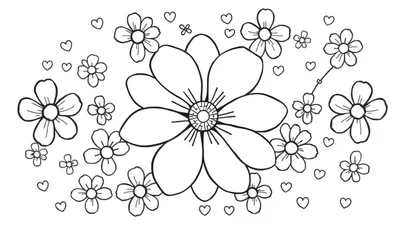 Un dessin au trait noir et blanc d'un arrangement floral avec des cœurs et un papillon, parfait pour un color panel.